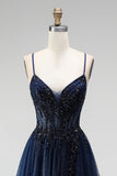 Robe de soirée à paillettes, avec corset, ligne A, bleu marine, en tulle, avec appliqués, à fines bretelles, longue