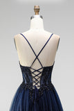 Robe de soirée à paillettes, avec corset, ligne A, bleu marine, en tulle, avec appliqués, à fines bretelles, longue
