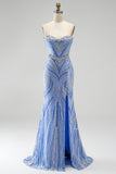 Robe de soirée longue coupe sirène bleue à paillettes sans bretelles avec fente