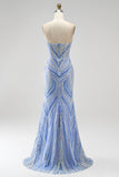 Robe de soirée longue coupe sirène bleue à paillettes sans bretelles avec fente