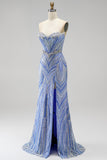 Robe de soirée longue coupe sirène bleue à paillettes sans bretelles avec fente