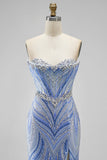 Robe de soirée longue coupe sirène bleue à paillettes sans bretelles avec fente