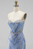 Robe de soirée longue coupe sirène bleue à paillettes sans bretelles avec fente