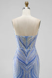 Robe de soirée longue coupe sirène bleue à paillettes sans bretelles avec fente