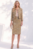 Robe de travail en tweed doré à manches longues à simple boutonnage avec poches