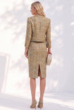 Robe de travail en tweed doré à manches longues à simple boutonnage avec poches