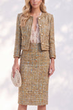 Robe de travail en tweed doré à manches longues à simple boutonnage avec poches