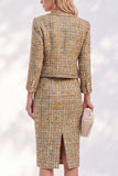 Robe de travail en tweed doré à manches longues à simple boutonnage avec poches