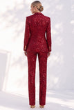 Costumes pour femmes à paillettes rouges scintillants en revers point, pointe pointe en deux pièces,
