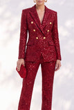Costumes pour femmes à paillettes rouges scintillants en revers point, pointe pointe en deux pièces,