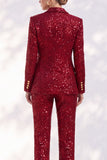 Costumes pour femmes à paillettes rouges scintillants en revers point, pointe pointe en deux pièces,