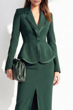 Costume féminin à manches longues, à revers crantés, vert foncé