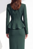 Costume féminin à manches longues, à revers crantés, vert foncé