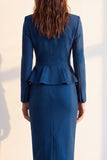 Robe de travail bleue ligne A à col rond, manches longues et longueur midi