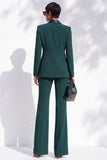 Costume pour femme vert foncé en satin à revers en pointe, col en V, boutonnage simple, coupe longue et poches