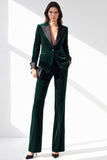 Costume pour femme vert foncé en velours à revers en pointe, boutonnage simple, col en V et poches