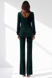 Costume pour femme vert foncé en velours à revers en pointe, boutonnage simple, col en V et poches