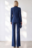 Costume deux pièces pour femme bleu foncé à revers en pointe, boutonnage simple et col en V
