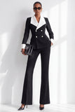 Costume pour femme noir et blanc à larges revers contrastants, boutonnage croisé et poches