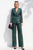 Costume pour femme vert foncé imprimé à col en V, manches longues et ceinture