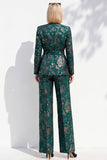 Costume pour femme vert foncé imprimé à col en V, manches longues et ceinture