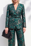 Costume pour femme vert foncé imprimé à col en V, manches longues et ceinture
