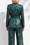 Costume pour femme vert foncé imprimé à col en V, manches longues et ceinture