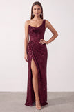 Robe de cérémonie longue asymétrique à une épaule, à paillettes, coupe fourreau