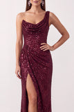 Robe de cérémonie longue asymétrique à une épaule, à paillettes, coupe fourreau