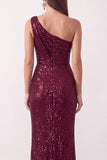 Robe de cérémonie longue asymétrique à une épaule, à paillettes, coupe fourreau