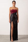 Robe longue de cérémonie sans bretelles à paillettes scintillantes noire et rouge