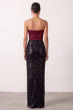 Robe longue de cérémonie sans bretelles à paillettes scintillantes noire et rouge
