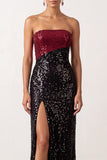 Robe longue de cérémonie sans bretelles à paillettes scintillantes noire et rouge