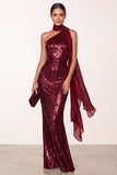 Robe de cérémonie longue bourgogne à paillettes, coupe sirène, avec drapé en mousseline