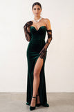 Robe de cérémonie longue en velours vert foncé, coupe sirène, avec fente