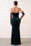 Robe de cérémonie longue en velours vert foncé, coupe sirène, avec fente
