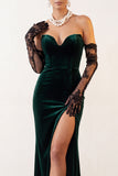 Robe de cérémonie longue en velours vert foncé, coupe sirène, avec fente