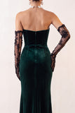 Robe de cérémonie longue en velours vert foncé, coupe sirène, avec fente