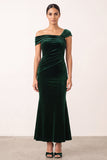 Robe de fête vert foncé en velours, coupe sirène, asymétrique, à une épaule, froncée et longueur midi