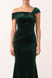 Robe de fête vert foncé en velours, coupe sirène, asymétrique, à une épaule, froncée et longueur midi