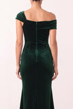 Robe de fête vert foncé en velours, coupe sirène, asymétrique, à une épaule, froncée et longueur midi