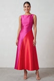 Robe de noël rouge fuchsia à col bateau en satin, ligne A, longueur midi
