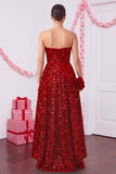 Rouge scintillante ligne A sans bretelles,à paillettes,à volants superposés, en satin robe de noël