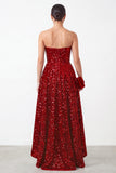 Rouge scintillante ligne A sans bretelles,à paillettes,à volants superposés, en satin robe de noël