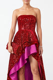 Rouge scintillante ligne A sans bretelles,à paillettes,à volants superposés, en satin robe de noël