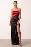 Noir et rouge en satin, coupe fourreau, sans bretelles, longue, robe de noël avec fente