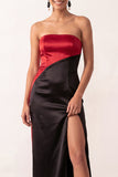 Noir et rouge en satin, coupe fourreau, sans bretelles, longue, robe de noël avec fente