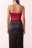Noir et rouge en satin, coupe fourreau, sans bretelles, longue, robe de noël avec fente