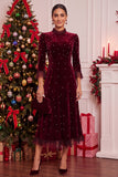Bourgogne en velours ligne A avec perles, à col montant volanté, longueur midi, robe de fête de Noël à manches 3/4