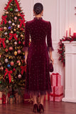 Bourgogne en velours ligne A avec perles, à col montant volanté, longueur midi, robe de fête de Noël à manches 3/4